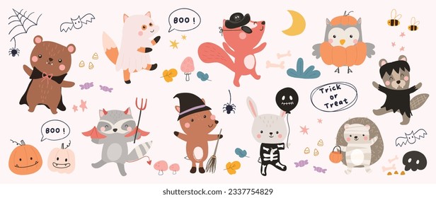 Feliz Día de Halloween, vectores animales de amor. Cuta colección de vida silvestre con disfraces de halloween, zorro, pájaro, conejo, oso. Personajes animales adorables en el festival de otoño para decoración, huellas, portada.