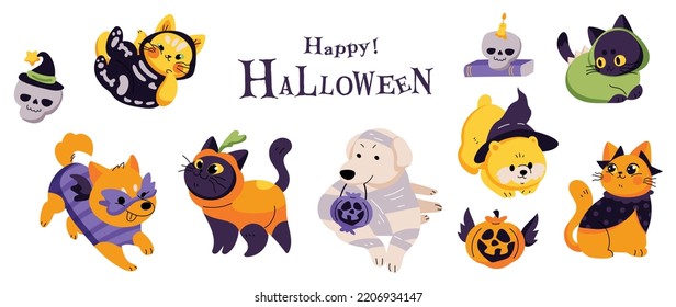 Feliz día de Halloween muy querido vector de mascotas. Cuidada colección de gatos y perros con disfraces de halloween, mami, calabaza, esqueleto. Personajes animales adorables en el festival de otoño para decoración, huellas, portada.