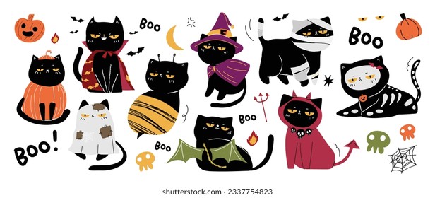 Feliz día de Halloween muy querido vector de mascotas. Cuidada colección de gatos con disfraces de halloween, fantasma, murciélago, calabaza, araña. Personajes animales adorables en el festival de otoño para decoración, huellas, portada.