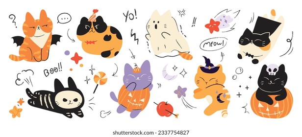 Happy Halloween day lovey pet vector. Cute collection of cats with halloween costumes, ghost, bat, pumpkin, spider. Adorable animal characters in autumn festival for decoration, prints, cover.