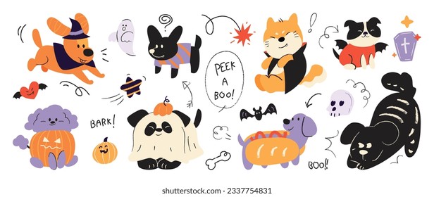 Happy Halloween day lovey pet vector  Cute collection dogs and halloween costumes  ghost  bat  pumpkin  spider  Adorable animal characters in autumn festival for decoration  prints  cover 