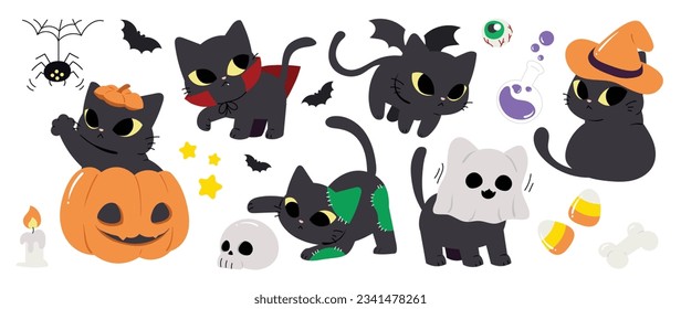 Happy Halloween day lovey pet vector  Cute collection cats and Halloween costumes  ghost  bat  pumpkin  spider  Adorable animal characters in autumn festival for decoration  prints  cover 