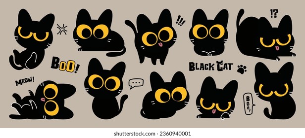 Happy Halloween day lovey pet vector. Cute collection of cats with different poses, sitting, stand, angry, surprising. Adorable animal characters in autumn festival for decoration, prints, cover.