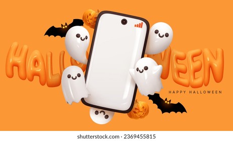 Happy Halloween day. Mobile phone with blank white screen. Smartphone template for advertising banner for Halloween with Pumpkin and ghosts. Realistic 3d design in plastic style. Vector illustration