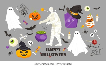 Feliz día de Halloween. Mamá, tumba, fantasmas, murciélagos y calabazas malvadas. Fiesta internacional y festival del miedo. Personajes de miedo para el horror. Colección de Vector plana aislada sobre fondo gris