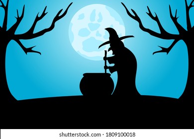 Happy Halloween day night. Old witch making magic potion under the moonlight. Vector illustration 