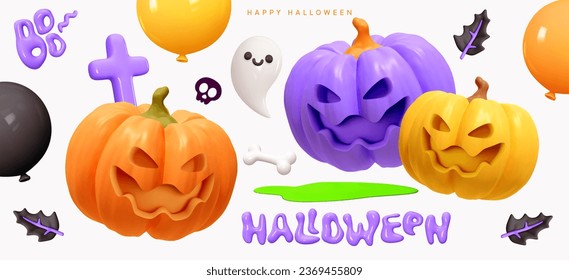 Happy Halloween day. Orange pumpkin scary face smile jack o, white funny ghost, black and orange balloons, Halloween its scary party background. Realistic 3d design plastic style. Vector illustration