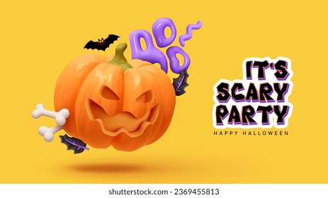 Happy Halloween day. Orange pumpkin scary face smile jack o. Halloween its scary party background. Realistic 3d design in plastic style. Vector illustration