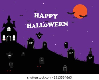 Happy Halloween day party poster vector illustration, Brochure halloween minimal theme poster letter banner, bat,cat, tombstone halloween purple background