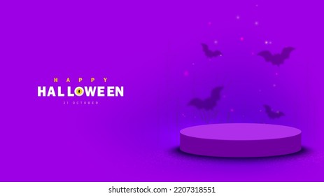 Happy Halloween day with Podium for product display on purple background. Vector illustration.