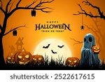 Happy Halloween day poster or banner vector template. Halloween big moon, pumpkin ghost, wizard hat, cute ghost, cartoon skull, spider web and realistic 3d design plastic style halloween elements.