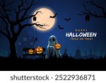 Happy Halloween day poster or banner vector template. Halloween big moon, pumpkin ghost, cute ghost, cartoon skull, spider web and realistic design halloween elements.