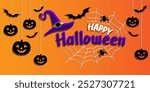 Happy Halloween day poster or banner vector template. Halloween big moon, pumpkin ghost, wizard hat, cute ghost, cartoon skull, spider web and realistic 3d design plastic style halloween elements.