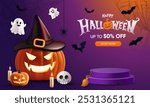 Happy Halloween day poster or banner vector template. Halloween big moon, pumpkin ghost, wizard hat, cute ghost, cartoon skull, spider web and realistic 3d design plastic style halloween elements.