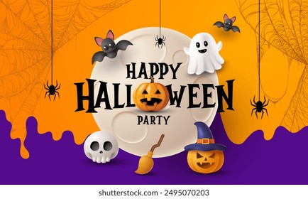 Afiche del feliz día de Halloween o Plantilla de Vector de Anuncio. Halloween luna grande, fantasma de la calabaza, sombrero del mago, fantasma lindo, calavera de dibujos animados, Web de araña y diseño 3D realista Elementos de halloween estilo plástico.