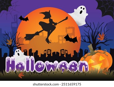 Feliz día de Halloween cartel o Plantilla de Vector de Anuncio. luna grande, calabaza, fantasma, bruja, murciélagos voladores, árbol muerto con un fondo degradado naranja y púrpura