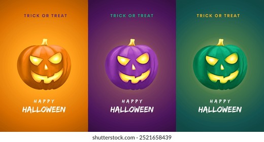 Feliz día de Halloween cartel o Plantilla de Vector de Anuncio. Luna grande de Halloween, fantasma de la calabaza, sombrero del mago, fantasma lindo, cráneo de la historieta, Web de la araña y Elementos realistas de la calabaza de Halloween del diseño 3d.