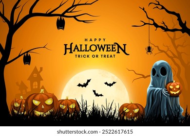 Happy Halloween day poster or banner vector template. Halloween big moon, pumpkin ghost, wizard hat, cute ghost, cartoon skull, spider web and realistic 3d design plastic style halloween elements.