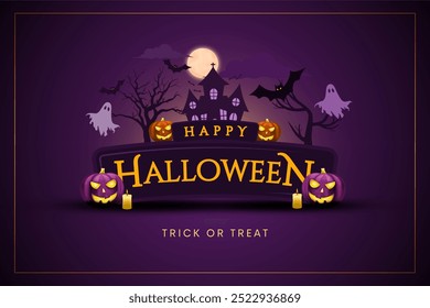 Feliz día de Halloween cartel o Plantilla de Vector de Anuncio. Luna grande de Halloween, fantasma de la calabaza, fantasma lindo, cráneo de la historieta, Web de la araña y Elementos realistas de Halloween del diseño.