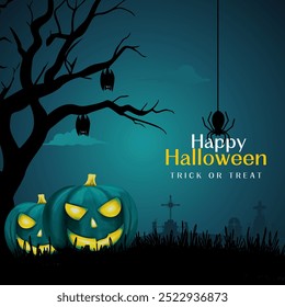 Feliz día de Halloween cartel o Plantilla de Vector de Anuncio. Luna grande de Halloween, fantasma de la calabaza, fantasma lindo, cráneo de la historieta, Web de la araña y Elementos realistas de Halloween del diseño.