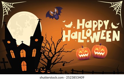 Feliz día de Halloween cartel o Plantilla de Vector de Anuncio. Luna grande de Halloween, fantasma de calabaza, murciélago de Halloween