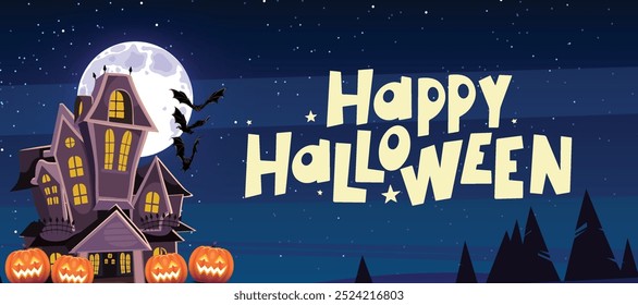 Feliz día de Halloween cartel o Plantilla de Vector de Anuncio. Luna grande de Halloween, calabaza, murciélago, castillo y Elementos de Halloween.