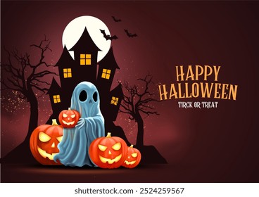 Happy Halloween day poster or banner vector template. Halloween big moon, pumpkin ghost, wizard hat, cute ghost, cartoon skull, spider web and realistic 3d design plastic style halloween elements.