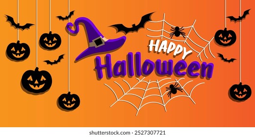 Happy Halloween day poster or banner vector template. Halloween big moon, pumpkin ghost, wizard hat, cute ghost, cartoon skull, spider web and realistic 3d design plastic style halloween elements.