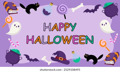 Feliz día de Halloween cartel o Plantilla de Vector de Anuncio. Fantasma de Helloween, sombrero del mago, fantasma lindo, gato negro, murciélago, vela, etc. Elementos de estilo de diseño plano.