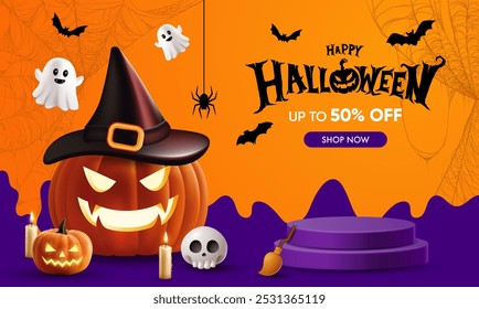 Feliz día de Halloween cartel o Plantilla de Vector de Anuncio. Luna grande de Halloween, fantasma de la calabaza, sombrero del mago, fantasma lindo, cráneo de la historieta, Web de la araña y Elementos plásticos realistas de Halloween del estilo del diseño 3d.