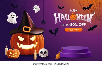 Cartaz feliz dia de Halloween ou modelo vetor banner. Lua grande de Halloween, fantasma de abóbora, chapéu de bruxo, fantasma bonito, crânio de desenho animado, teia de aranha e realístico 3d design plástico estilo halloween elementos.