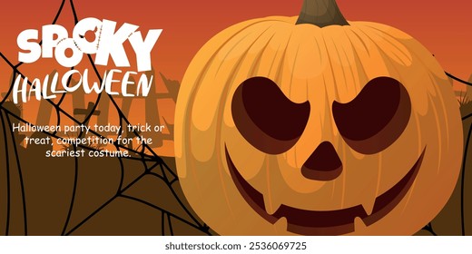 Feliz día de Halloween cartel o Plantilla de Vector de Anuncio. Halloween, fantasma de calabaza, sombrero de mago, lindo fantasma, cráneo de dibujos animados, Web de araña y Elementos de diseño realistas de Halloween en 3D.