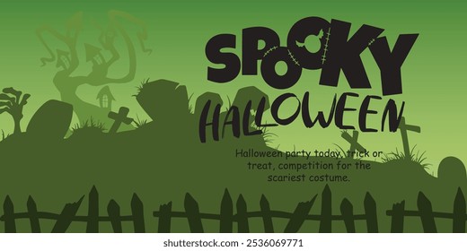 Feliz Dia das Bruxas cartaz ou banner modelo vetor. Halloween, zumbi, mãos, fantasma, árvores assustadoras, cemitério, teia de aranha e elementos de design 3d realista Halloween.