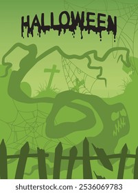 Feliz día de Halloween cartel o Plantilla de Vector de Anuncio. Halloween, zombie, manos, fantasma, árboles espeluznantes, cementerio, telaraña y realistas Elementos de diseño de Halloween en 3D.