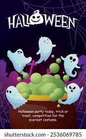 Feliz día de Halloween cartel o Plantilla de Vector de Anuncio. Halloween, fantasma de calabaza, sombrero de mago, lindo fantasma, cráneo de dibujos animados, Web de araña y Elementos de diseño realistas de Halloween en 3D.