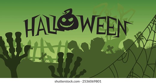 Feliz día de Halloween cartel o Plantilla de Vector de Anuncio. Halloween, zombie, manos, fantasma, árboles espeluznantes, cementerio, telaraña y realistas Elementos de diseño de Halloween en 3D.