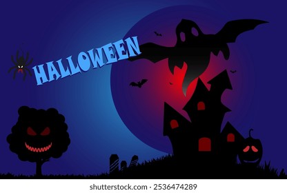 Affiche de Joyeux Halloween ou template d'Image vectorielle de bannière. Halloween grande lune bleue, fantôme citrouille, fantôme chauve-souris, diable araignée