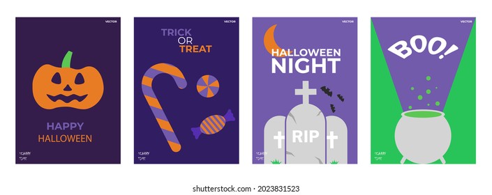 Happy halloween day poster set. A set of simple vector illustration. Poster, banner, cover, background. Vector banner illustration concept. Party poster for halloween night.