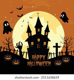 Feliz día de Halloween cartel de Plantilla. Luna grande de Halloween,
 Fantasma de la calabaza, fantasma lindo, mano del fantasma, casa y Elementos de Halloween.