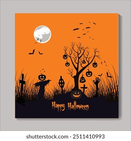 Feliz día de Halloween cartel Vector Plantilla. Luna grande de Halloween,
 Fantasma de calabaza, fantasma lindo, mano fantasma y Elementos de Halloween.
