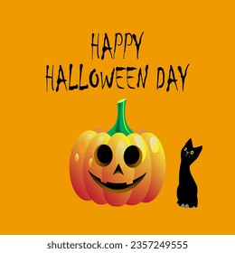 Happy Halloween Day. pumpkin smile spooky scary and black cat isolated on yellow background. vector illustration
