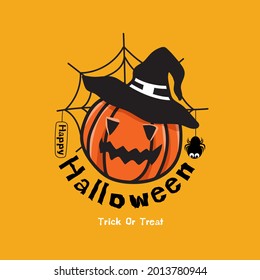 Happy halloween day  with Pumpkin wearing witch's hat on orange background. Trick or treat. Vector illustration.