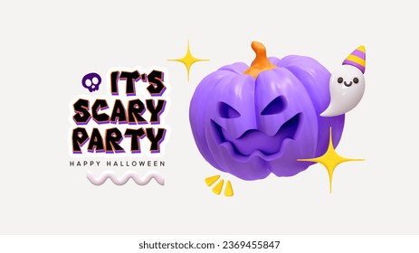 Happy Halloween day. Purple pumpkin scary face smile jack o, with a white funny ghost. Halloween its scary party background. Realistic 3d design in plastic style. Vector illustration