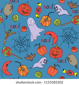 Happy Halloween Day seamless pattern on a blue background with pumpkins, ghosts, bat, sweets and more. Hand drawing vector illustration. Perfect for greeting cards, party invitations, paper wrapper , 