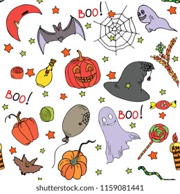 Happy Halloween Day seamless pattern with pumpkins, ghosts, bat, sweets and more. Hand drawing vector illustration. Perfect for greeting cards, party invitations, paper wrapper , posters, stickers,