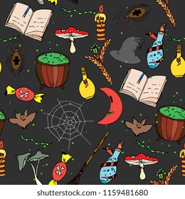 Happy Halloween Day seamless pattern with pumpkins, ghosts, bat, sweets and more. Hand drawing vector illustration. Perfect for greeting cards, party invitations, paper wrapper , posters, stickers, 