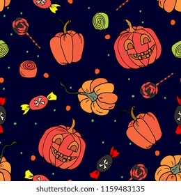 Happy Halloween Day seamless pattern with pumpkins,   sweets on a black background. Hand drawing vector illustration. Perfect for greeting cards, party invitations, paper wrapper , posters, stickers, 