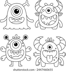 Happy Halloween Day. Set of cute monster isolated on white background cartoon character coloring page for kids. Funny animal outline illustration