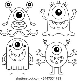 Happy Halloween Day. Set of cute monster isolated on white background cartoon character coloring page for kids. Funny animal outline illustration