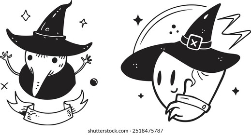 Feliz día de Halloween conjunto de personaje fantasma doodle y Vector Ilustración de contorno conjunto de Elementos en blanco y negro. Dibujo de mano lineal e impresión para colorear página, libro, cartel, pegatinas y fondo